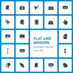 Modern Simple Set of folder, cursors, files, email Vector fill Icons. Contains such Icons as  web,  internet, click,  hand, business,  cursor and more on dark background. Fully Editable. Pixel Perfect