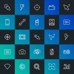Modern Simple Set of mobile, video, photos, cursors Vector outline Icons. Contains such Icons as background,  fashion,  phone and more on dark and gradient background. Fully Editable. Pixel Perfect.