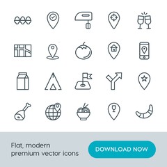 Modern Simple Set of food, location, drinks Vector outline Icons. Contains such Icons as  noodle,  pasta,  location,  dessert,  meal, sign and more on white background. Fully Editable. Pixel Perfect.