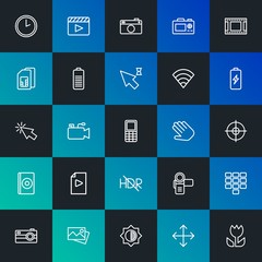 Modern Simple Set of mobile, video, photos, cursors Vector outline Icons. Contains such Icons as  cinema,  pocket, clock,  time and more on dark and gradient background. Fully Editable. Pixel Perfect.