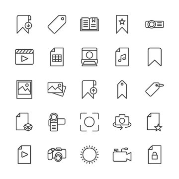 Modern Simple Set of video, photos, bookmarks, files Vector outline Icons. Contains such Icons as  nature, microphone, projector,  sky and more on white background. Fully Editable. Pixel Perfect.
