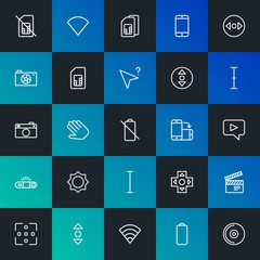 Modern Simple Set of mobile, video, photos, cursors Vector outline Icons. Contains such Icons as  music,  card,  connection and more on dark and gradient background. Fully Editable. Pixel Perfect.