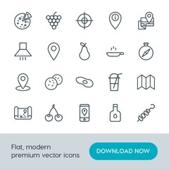 Modern Simple Set of food, location, drinks Vector outline Icons. Contains such Icons as  cheese, mobile,  fresh, target,  italian,  liquid and more on white background. Fully Editable. Pixel Perfect.