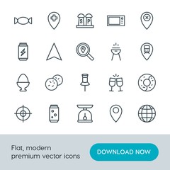 Modern Simple Set of food, location, drinks Vector outline Icons. Contains such Icons as oven, hospital,  button,  planet, wine,  marketing and more on white background. Fully Editable. Pixel Perfect.