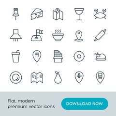 Modern Simple Set of food, location, drinks Vector outline Icons. Contains such Icons as location,  interior, cheese,  organic, crab,  map and more on white background. Fully Editable. Pixel Perfect.