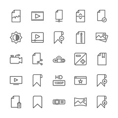 Modern Simple Set of video, photos, bookmarks, files Vector outline Icons. Contains such Icons as  entertainment, check,  data,  delete and more on white background. Fully Editable. Pixel Perfect.