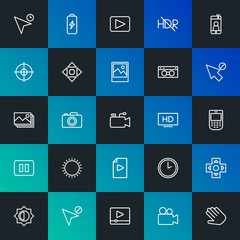 Modern Simple Set of mobile, video, photos, cursors Vector outline Icons. Contains such Icons as  button,  technology, camera and more on dark and gradient background. Fully Editable. Pixel Perfect.