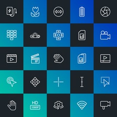 Modern Simple Set of mobile, video, photos, cursors Vector outline Icons. Contains such Icons as  quality,  technology, camera and more on dark and gradient background. Fully Editable. Pixel Perfect.
