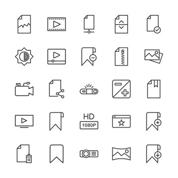 Modern Simple Set of video, photos, bookmarks, files Vector outline Icons. Contains such Icons as  entertainment, check,  data,  delete and more on white background. Fully Editable. Pixel Perfect.
