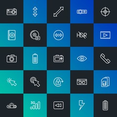 Modern Simple Set of mobile, video, photos, cursors Vector outline Icons. Contains such Icons as  cassette,  sim,  back, video and more on dark and gradient background. Fully Editable. Pixel Perfect.