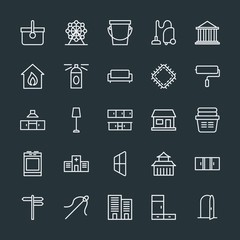 Modern Simple Set of buildings, furniture, housekeeping Vector outline Icons. Contains such Icons as  wheel, window,  triple,  electric and more on dark background. Fully Editable. Pixel Perfect.