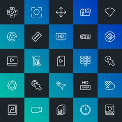Modern Simple Set of mobile, video, photos, cursors Vector outline Icons. Contains such Icons as pointer,  time,  no,  white and more on dark and gradient background. Fully Editable. Pixel Perfect.