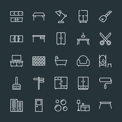 Modern Simple Set of buildings, furniture, housekeeping Vector outline Icons. Contains such Icons as  brush,  city,  interior,  paint, lamp and more on dark background. Fully Editable. Pixel Perfect.