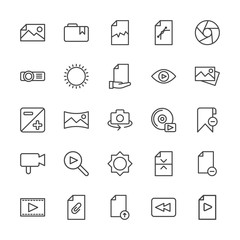 Modern Simple Set of video, photos, bookmarks, files Vector outline Icons. Contains such Icons as  cinema,  photography, movie,  photo and more on white background. Fully Editable. Pixel Perfect.