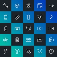 Modern Simple Set of mobile, video, photos, cursors Vector outline Icons. Contains such Icons as clock,  camera,  hour,  cd and more on dark and gradient background. Fully Editable. Pixel Perfect.