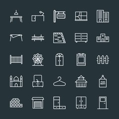 Fototapeta na wymiar Modern Simple Set of buildings, furniture, housekeeping Vector outline Icons. Contains such Icons as storehouse, entrance, closet, clothes and more on dark background. Fully Editable. Pixel Perfect.