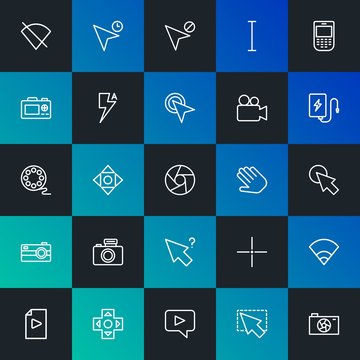 Modern Simple Set of mobile, video, photos, cursors Vector outline Icons. Contains such Icons as  click,  mobile,  interface and more on dark and gradient background. Fully Editable. Pixel Perfect.