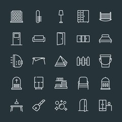 Modern Simple Set of buildings, furniture, housekeeping Vector outline Icons. Contains such Icons as bed,  interior,  entrance, table, clean and more on dark background. Fully Editable. Pixel Perfect.