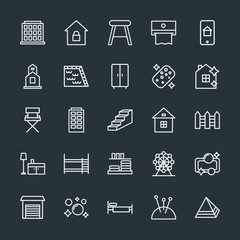 Modern Simple Set of buildings, furniture, housekeeping Vector outline Icons. Contains such Icons as  giza,  warehouse,  dispenser,  soap and more on dark background. Fully Editable. Pixel Perfect.