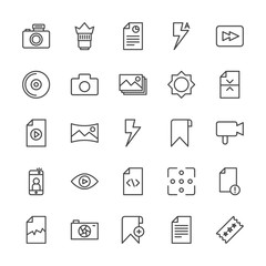 Modern Simple Set of video, photos, bookmarks, files Vector outline Icons. Contains such Icons as  gift, cinema, rewind,  computer,  file and more on white background. Fully Editable. Pixel Perfect.