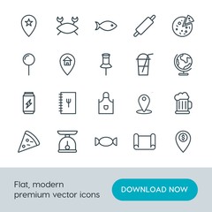 Modern Simple Set of food, location, drinks Vector outline Icons. Contains such Icons as  location,  sea,  italian,  measurement,  food and more on white background. Fully Editable. Pixel Perfect.