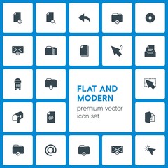 Modern Simple Set of folder, cursors, files, email Vector fill Icons. Contains such Icons as folder, textile,  technology, information,  data and more on dark background. Fully Editable. Pixel Perfect