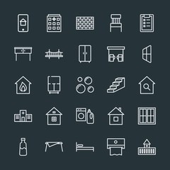 Modern Simple Set of buildings, furniture, housekeeping Vector outline Icons. Contains such Icons as hospital, construction,  tower,  castle and more on dark background. Fully Editable. Pixel Perfect.