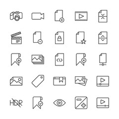 Modern Simple Set of video, photos, bookmarks, files Vector outline Icons. Contains such Icons as movie,  no people,  document,  theater and more on white background. Fully Editable. Pixel Perfect.