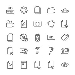 Modern Simple Set of video, photos, bookmarks, files Vector outline Icons. Contains such Icons as  music,  document, upload,  television and more on white background. Fully Editable. Pixel Perfect.