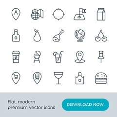 Modern Simple Set of food, location, drinks Vector outline Icons. Contains such Icons as  arrow,  hamburger,  location,  meal,  apron,  bbq and more on white background. Fully Editable. Pixel Perfect.