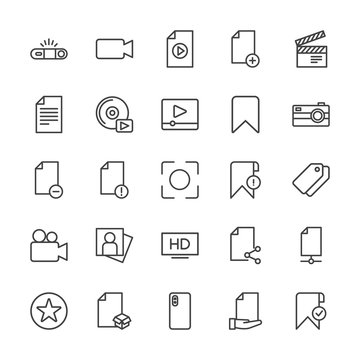 Modern Simple Set of video, photos, bookmarks, files Vector outline Icons. Contains such Icons as  favorite,  production,  device, add, box and more on white background. Fully Editable. Pixel Perfect.