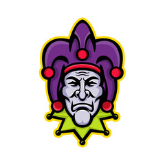 Mascot icon illustration of head of a jester, court jester, or fool, historically an entertainer during the medieval and Renaissance eras viewed from front on isolated background in retro style.
