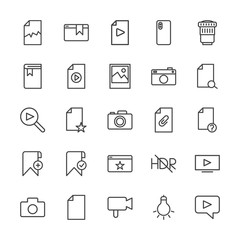 Modern Simple Set of video, photos, bookmarks, files Vector outline Icons. Contains such Icons as  corrupt,  lightbulb,  equipment,  data and more on white background. Fully Editable. Pixel Perfect.
