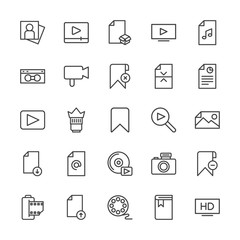 Modern Simple Set of video, photos, bookmarks, files Vector outline Icons. Contains such Icons as  internet,  office, upload,  retro,  lens and more on white background. Fully Editable. Pixel Perfect.