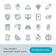 Modern Simple Set of food, location, drinks Vector outline Icons. Contains such Icons as  lemon,  utensil,  direction,  airplane,  world and more on white background. Fully Editable. Pixel Perfect.