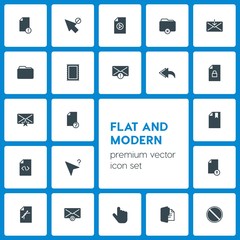 Modern Simple Set of folder, cursors, files, email Vector fill Icons. Contains such Icons as  letter,  hand,  email,  stop,  web,  mail, mail and more on dark background. Fully Editable. Pixel Perfect