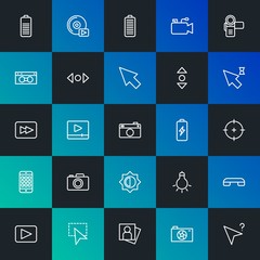 Modern Simple Set of mobile, video, photos, cursors Vector outline Icons. Contains such Icons as  concept,  beauty,  cd,  lamp and more on dark and gradient background. Fully Editable. Pixel Perfect.
