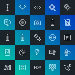 Modern Simple Set of mobile, video, photos, cursors Vector outline Icons. Contains such Icons as  wireless, internet,  tourism and more on dark and gradient background. Fully Editable. Pixel Perfect.