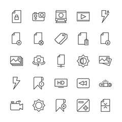 Modern Simple Set of video, photos, bookmarks, files Vector outline Icons. Contains such Icons as  sign,  scroll,  entertainment, security and more on white background. Fully Editable. Pixel Perfect.