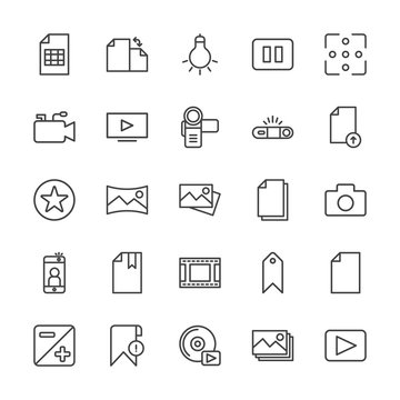 Modern Simple Set of video, photos, bookmarks, files Vector outline Icons. Contains such Icons as  error,  lamp,  technology, panorama,  cd and more on white background. Fully Editable. Pixel Perfect.