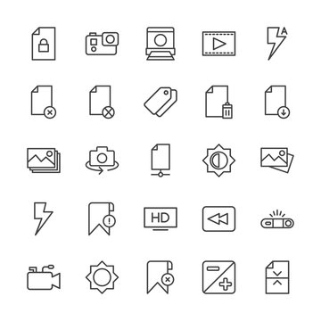 Modern Simple Set of video, photos, bookmarks, files Vector outline Icons. Contains such Icons as  sign,  scroll,  entertainment, security and more on white background. Fully Editable. Pixel Perfect.