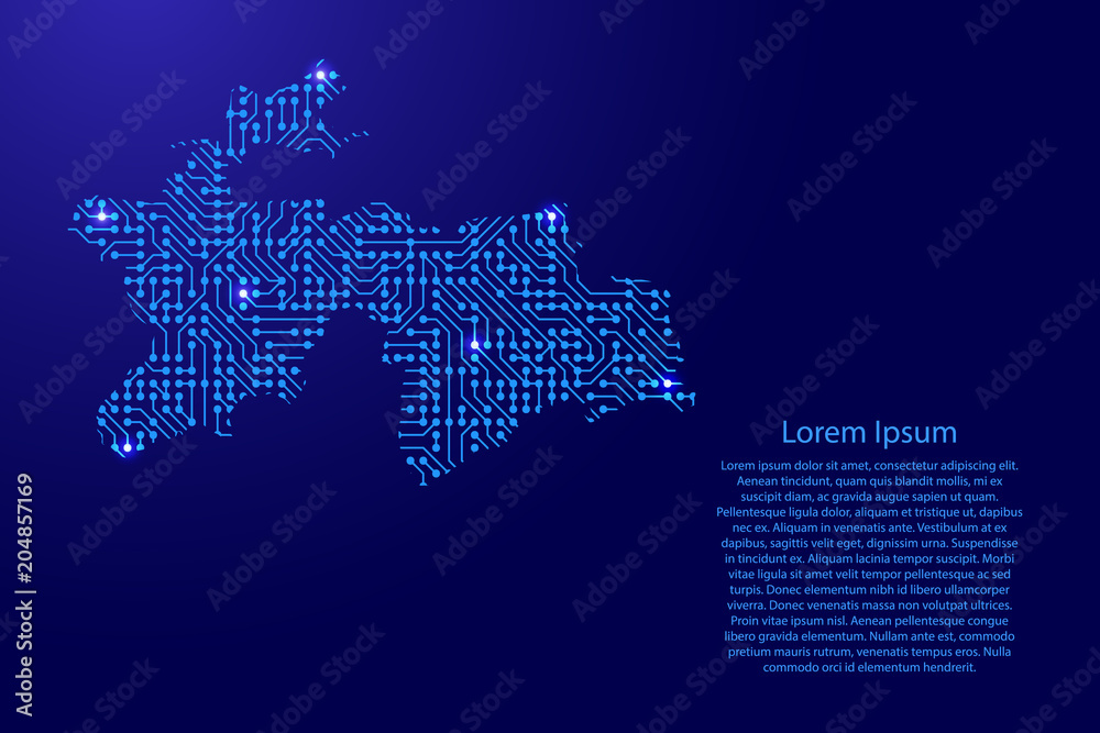 Fototapete map tajikistan from printed board, chip and radio component with blue star space on the contour for 