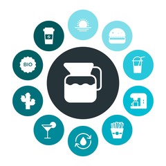 food, nature, drinks Infographic Colorful fill Icons Set. Contains such Icons as  background,  sun, summer,  cappuccino,  jug,  sky,  cocktail,  espresso, water and more. Fully Editable. Pixel Perfect