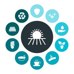 food, nature, drinks Infographic Colorful fill Icons Set. Contains such Icons as water,  home,  cup,  coffee,  room, sweet, recycle, agriculture,  healthy,  sky and more. Fully Editable. Pixel Perfect