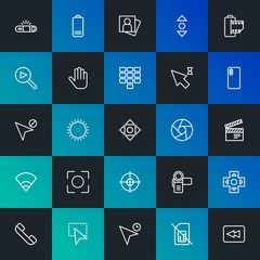 Modern Simple Set of mobile, video, photos, cursors Vector outline Icons. Contains such Icons as cursor,  technology,  pointer and more on dark and gradient background. Fully Editable. Pixel Perfect.