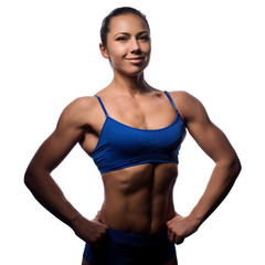 Female bodybuilder in sportswear with accessories, on a light background.Studio.