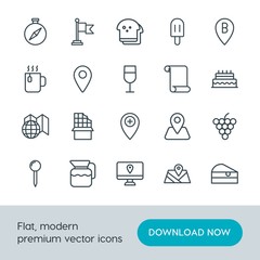 Modern Simple Set of food, location, drinks Vector outline Icons. Contains such Icons as compass,  diet,  web,  food,  candy,  direction and more on white background. Fully Editable. Pixel Perfect.