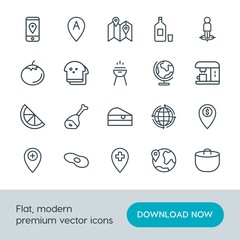 Modern Simple Set of food, location, drinks Vector outline Icons. Contains such Icons as hospital,  steak, scrambled,  glass,  bank, map and more on white background. Fully Editable. Pixel Perfect.