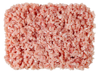 Fresh pork meat  heap is twisted on a  grinder in soft tender stuffing background isolated.