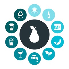 food, nature, drinks Infographic Colorful fill Icons Set. Contains such Icons as  crane,  paper, pear,  drop, agriculture,  food,  glass,  leaf, plant, ice and more. Fully Editable. Pixel Perfect